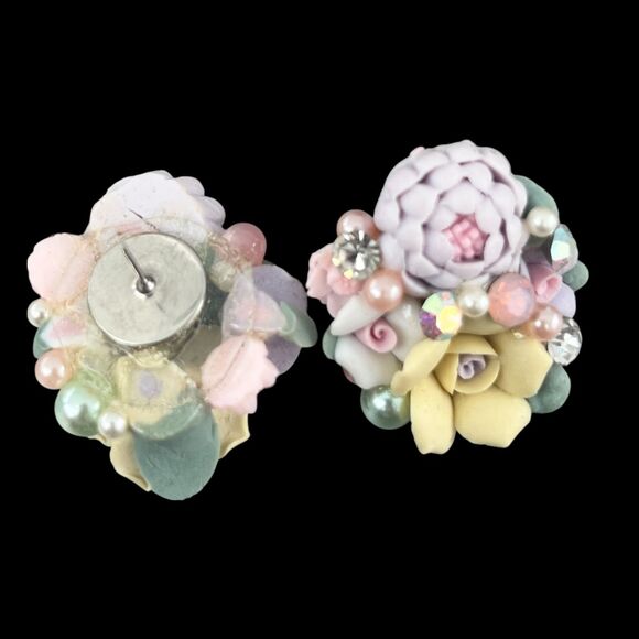 Vintage 1980s Statement Earrings Pastel Porcelain Rose Crystal Cluster - 3U - Picture 3 of 5